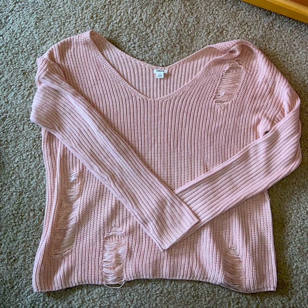 pink garage size small distressed sweater
